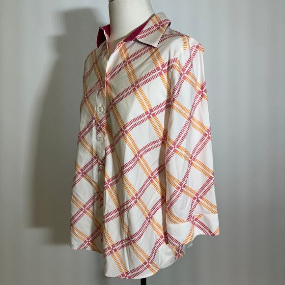 Chico's Pink Orange Diamond Plaid Button Up Blouse Womens Size 1 US 8/10 No Iron - Picture 4 of 10